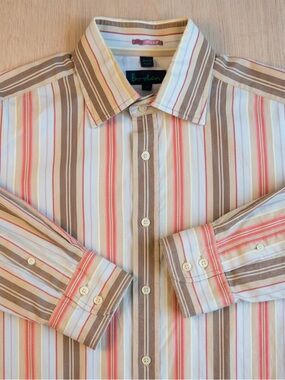 Boden Men’s 100% Cotton Striped Button-Down Shirt Size 16 Tan coral EUC